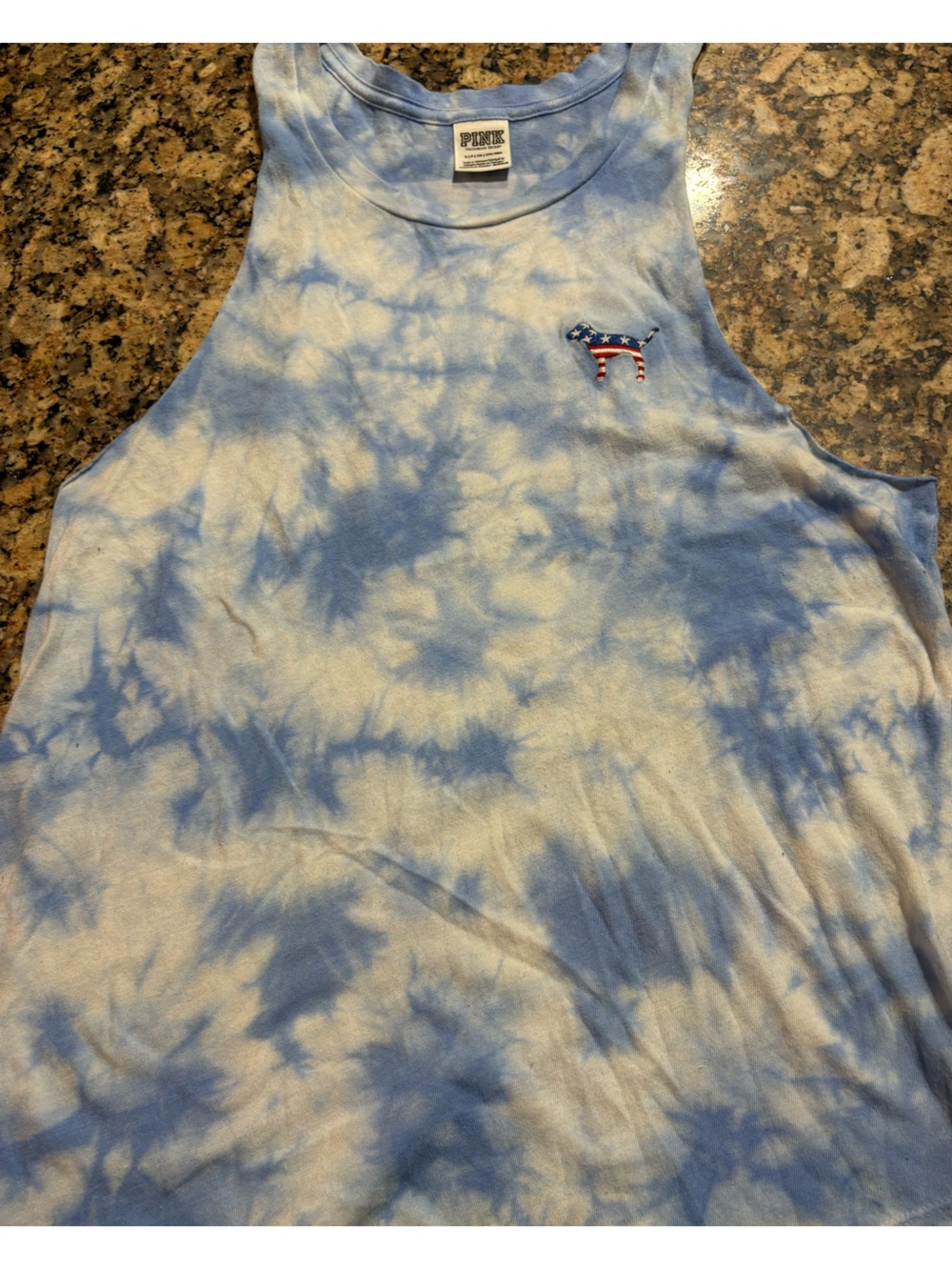 PINK Victoria's Secret patriotic logo Light Blue and White Tie-Dye Tee
